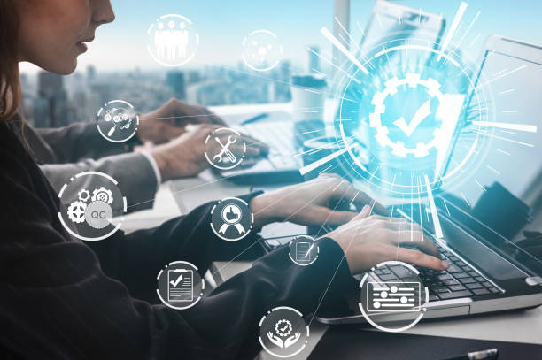 Quality Assurance and Quality Control Concept - Modern graphic interface showing certified standard process, product warranty and quality improvement technology for satisfaction of customer.