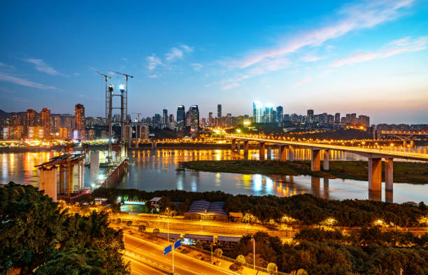 Chongqing architectural scenery and rivers and sky at night