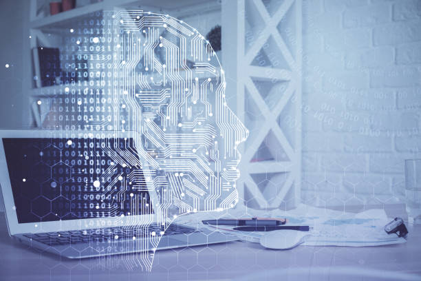 Multi exposure of work table with computer and brain hologram. Brainstorm concept.