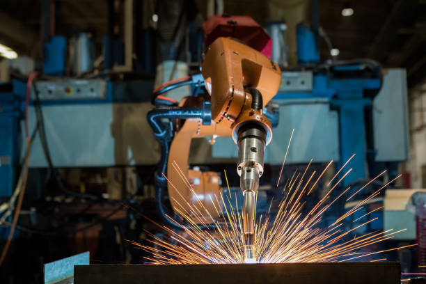 Industrial robot is welding assembly automotive part in car factory
